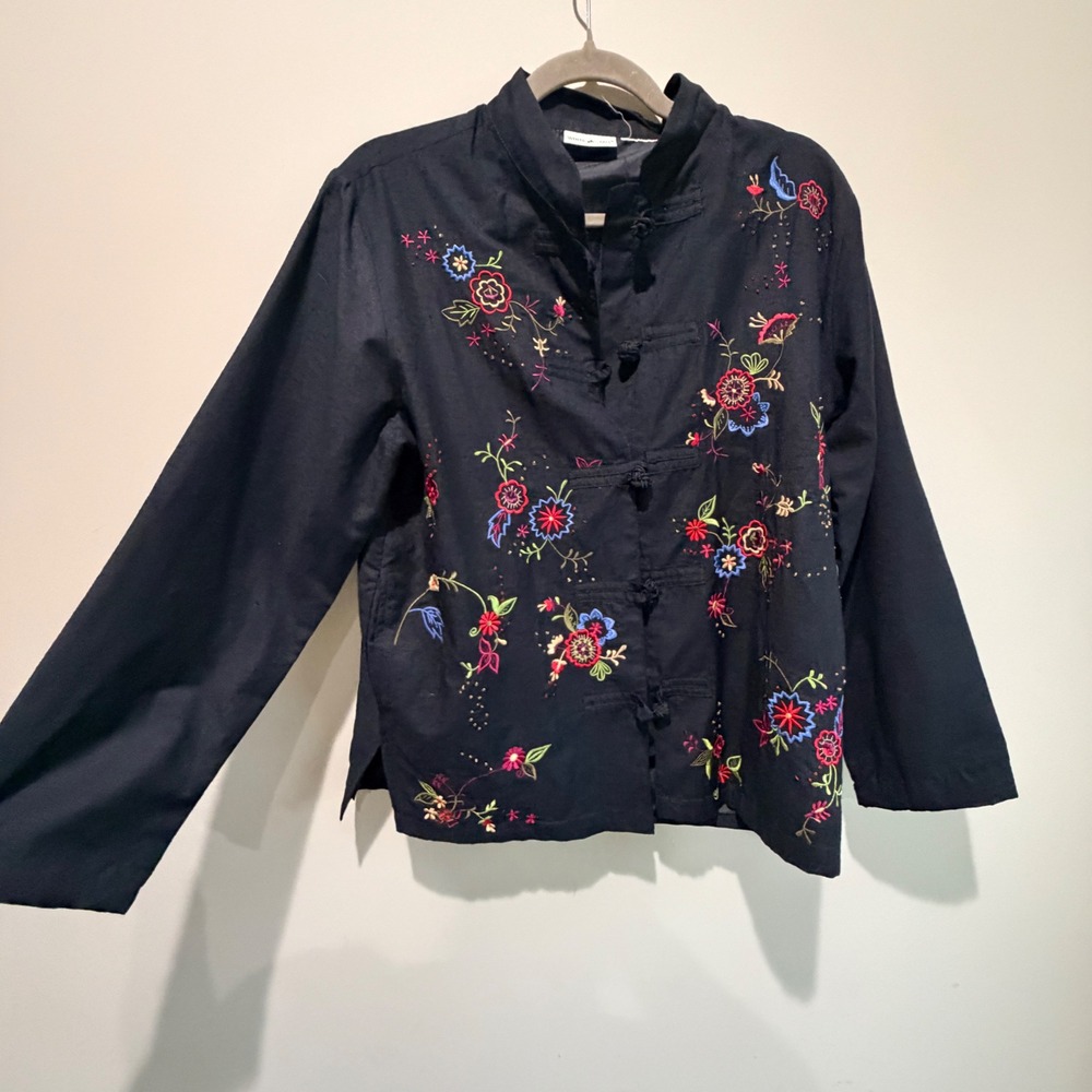 VTG White Stag Embroidered Frog Closure Jacket Women L Black Floral Whimsigoth